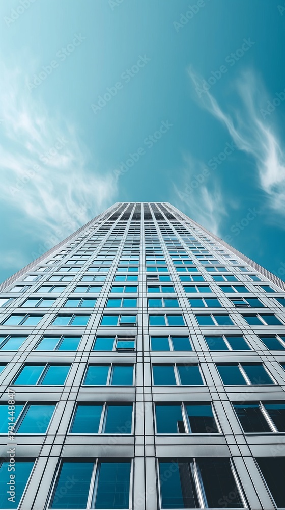 Poster a vertical image of an upward view of towering skyscraper with a blue sky in the background.