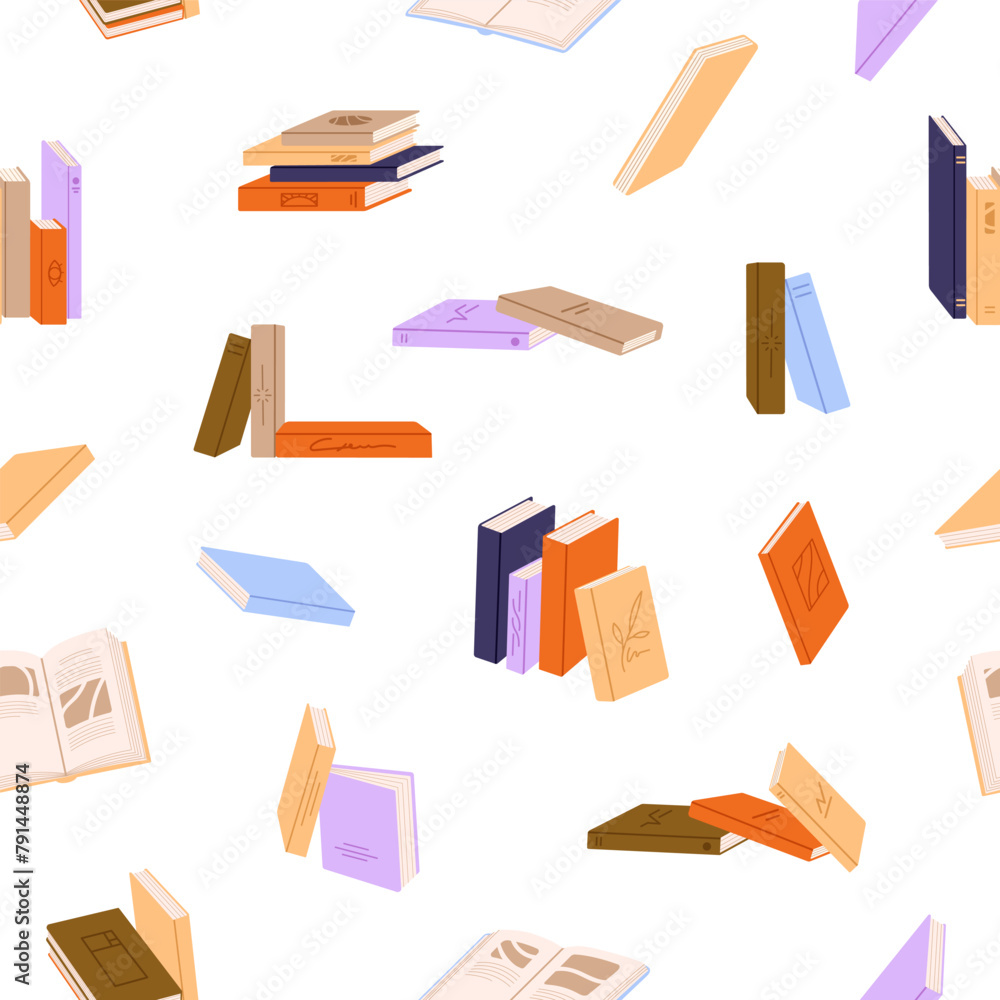 Poster background with stacks of different literature to read. repeatable pattern of heaps of paper books w