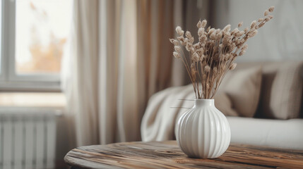 A detailed shot of a wooden table showcasing a white ceramic vase filled with dry spikelets, adding a touch of rustic elegance to the contemporary interior setting.