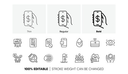 World water, Biometric eye and Money app line icons. Pack of Delivery man, Wrong file, Presentation icon. Coffee vending, Business podium, Employee hand pictogram. Brush. Line icons. Vector