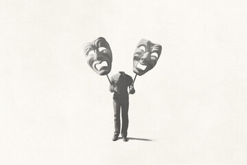 illustration of man with masks , surreal theatrical identity drama concept 