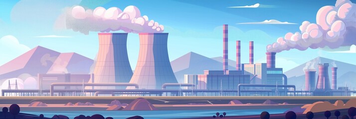A serene industrial landscape showing cooling towers emitting smoke against a clear sky and distant mountains
