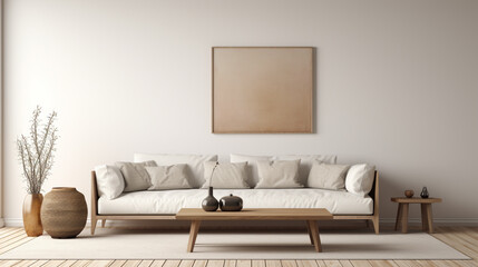 A cozy Scandinavian sofa nestled beside a sleek coffee table in a minimalist interior, with an empty wall mockup awaiting personalized artwork.