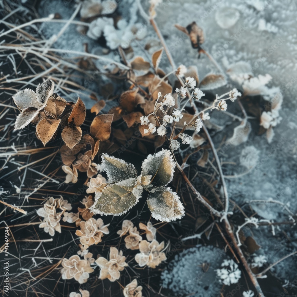 Aufkleber a close up of a branch covered in frost and snow. the branch is covered in ice and snow, giving it a