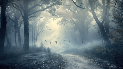 A pathway through a dense foggy forest, with the mist swirling around the trees and the sound of...