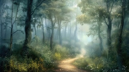 A pathway through a dense foggy forest, with the mist swirling around the trees and the sound of birdsong in the air, creating a mysterious and enchanting atmosphere.