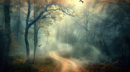 A pathway through a dense foggy forest, with the mist swirling around the trees and the sound of birdsong in the air, creating a mysterious and enchanting atmosphere.