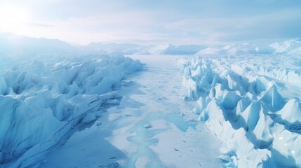 A breathtaking aerial shot of a glacier rapidly receding, highlighting the visible impact of rising global temperatures.