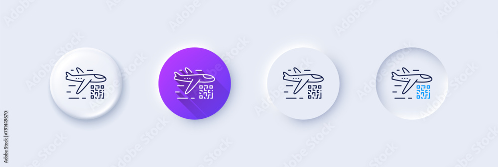 Poster qr code line icon. neumorphic, purple gradient, 3d pin buttons. scan barcode sign. flight tickets sc