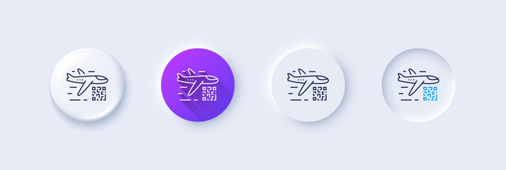Qr code line icon. Neumorphic, Purple gradient, 3d pin buttons. Scan barcode sign. Flight tickets scanner symbol. Line icons. Neumorphic buttons with outline signs. Vector