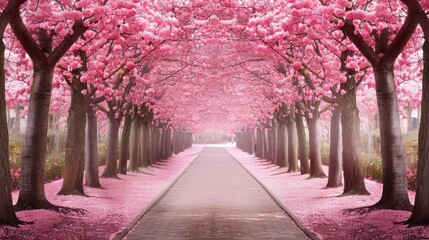 A pathway lined with cherry blossom trees in full bloom, creating a canopy of pink flowers overhead, a scene of natural beauty and tranquility.