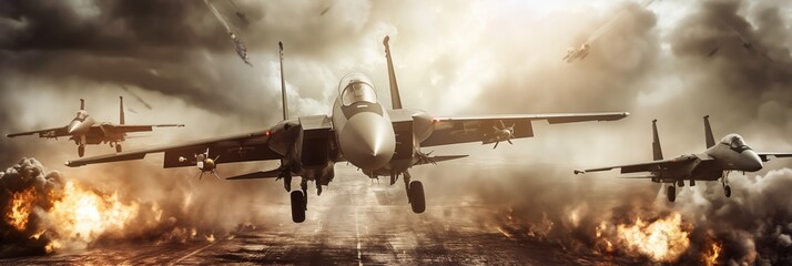 Military fighter jets take off in an explosive action-packed scene with a moody sky background interpreting strength and defense