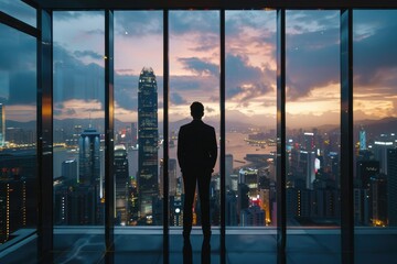 Fototapeta na wymiar Business man stands inside a city skyscraper and looks out the window. Business man overlooks the city at night in the office