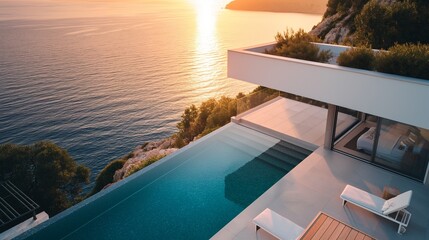 Fototapeta premium A Balcony Pool Villa With A Swimming Pool Overlooking The Ocean At Sunset.