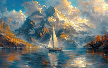 Oil painting texture ready for print: Sailing boat on the lake in golden sunlight on white snowy...