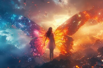 Obraz premium Dreamy back view of fairy with butterfly wings, woman with butterfly wings, beautiful fairy with wings in fairy tales