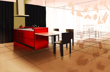 Red Kitchen Counter, Digital water color style drawing 
