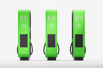 Three green electric vehicle charging stations on a plain white background, concept of green energy. 3D Rendering