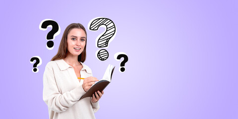 A woman holding a book with question marks around her on a purpl