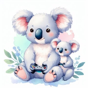 Koala Mom and Son, Play game, Watercolor Mother's Day Clip Art, Greeting Art Cute Cartoon Character Illustration Design Isolated on White Background