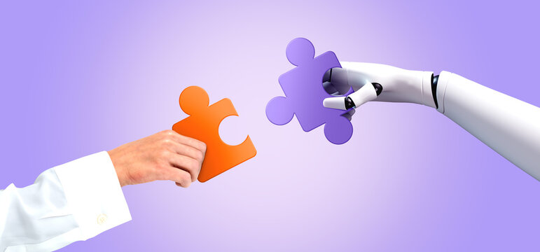 A human hand and a robotic arm holding matching puzzle pieces on a purple background, symbolizing collaboration and innovation