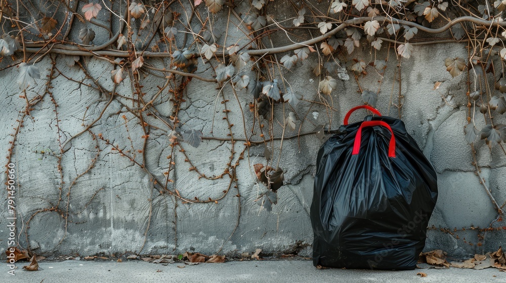 Poster black garbage bag with red handles resting next to a wall covered in vines