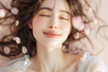 春風に舞う花びらと瞳を閉じて笑顔の女性のポートレート