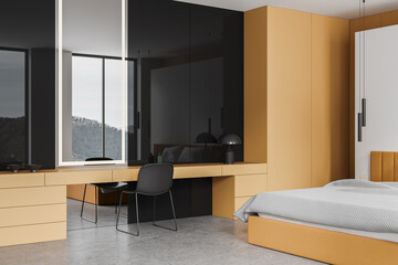 Elegant hotel bedroom interior with bed and beauty table with shelves