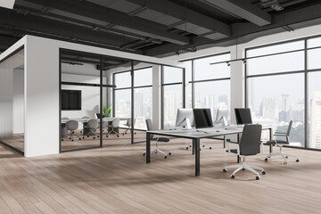 Cozy office interior with conference and coworking space, panoramic window
