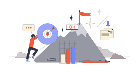 Workplace motivation and successful progress neubrutalism tiny person concept, transparent background. Career development and growth with inspiration, empowerment and determination illustration.