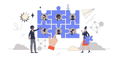 Networking as making business connections neubrutalism tiny person concept, transparent background. Corporate relationship strategy.