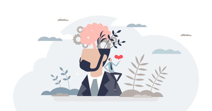 Self esteem concept with psychological yourself awareness and tiny person acceptance, transparent background. Mental health care and inner feelings or emotions understanding illustration.