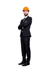 Full length size portrait of attractive  beardedstylish investor in hard hat, black tux, tuxedo with tie, isolated on grey background, having his arms crossed
