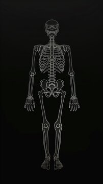 A Vertical Image Of A Complete Human Skeleton Standing On A Black Background.