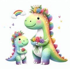 Dinosaur Mom and Baby ,Watercolor Mother's Day Clip Art, Greeting Art Cute Cartoon Character Illustration Design Isolated on White Background