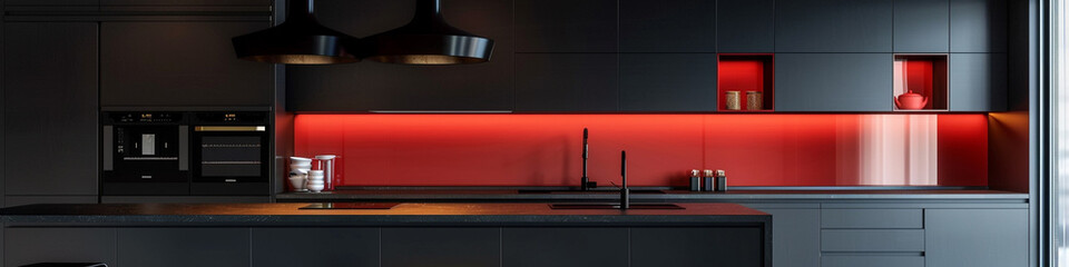 A contemporary kitchen with sleek, black cabinets and pops of vibrant red, providing copy space for culinary creativity.