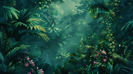 Dreamy fantasy deep jungle lush vegetation digital Illustration