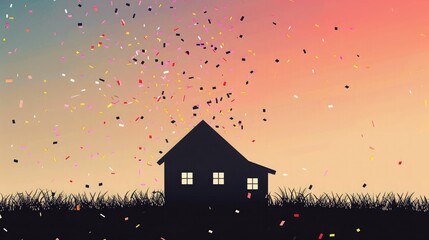 A modern house silhouette with falling confetti, illustrating the excitement of moving into a new home.
