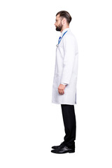 Full size half face fullbody portrait, snap of  virile harsh bearded doc in white lab coat and...