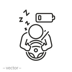 drowsy fatigued driver icon, sleeping man the while driving, tired or drowsy person on road, thin line symbol on white background - vector illustration