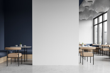 Modern restaurant interior with empty white wall, stylish furniture on concrete floor, concept of mockup. 3D Rendering