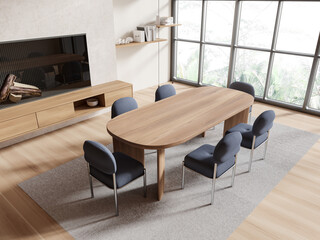 Modern dining room interior with wooden table and chairs on a wooden floor, natural light, and tropical view. 3D Rendering