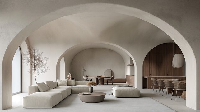 A Modern Minimalist Living Room with Airy Arch Window Decor.