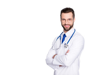 Portrait with copy space of cheerful joyful doc with bristle in white lab coat and stethoscope on...