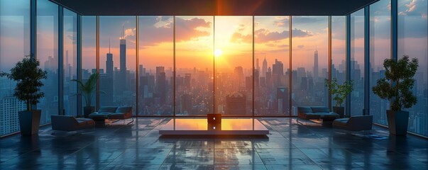 Sleek modern office space with panoramic city skyline view at sunset