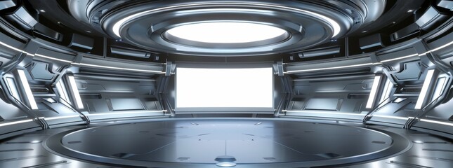 Futuristic silver circular stage inside a high-tech spaceship or starship