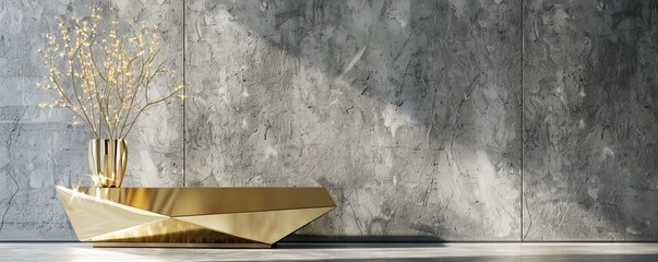 Elegant geometric podium with golden vase and decorative branches against a textured grey wall