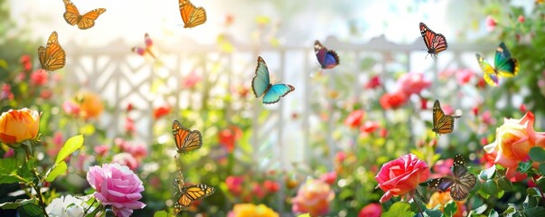Colorful butterflies fluttering over vibrant roses in a sunny garden