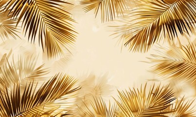 Palm leaves illustration in gold. Wallpaper texture, natural beige colors. 3d design, seamless pattern, abstract background. Mural ceiling. Watercolor, Generative AI