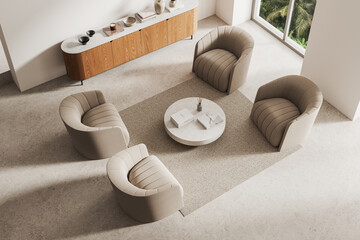 Naklejka premium Top view of home living room interior with armchairs and drawer near window